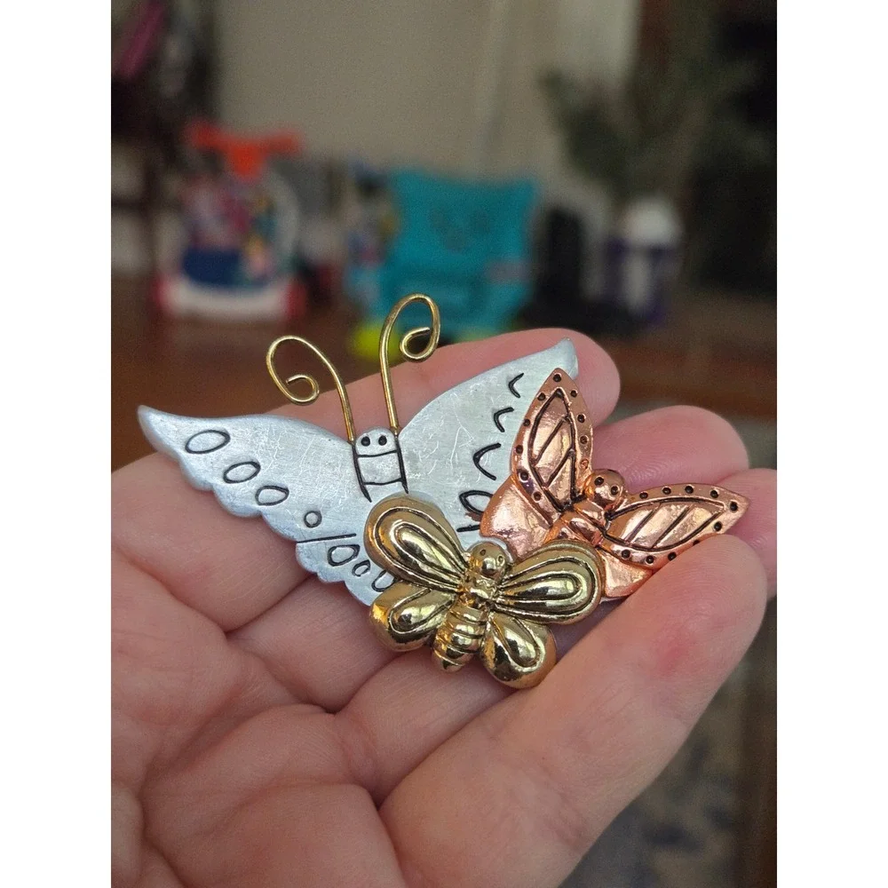 Butterfly Brooch Pin Tri- Color Vintage
